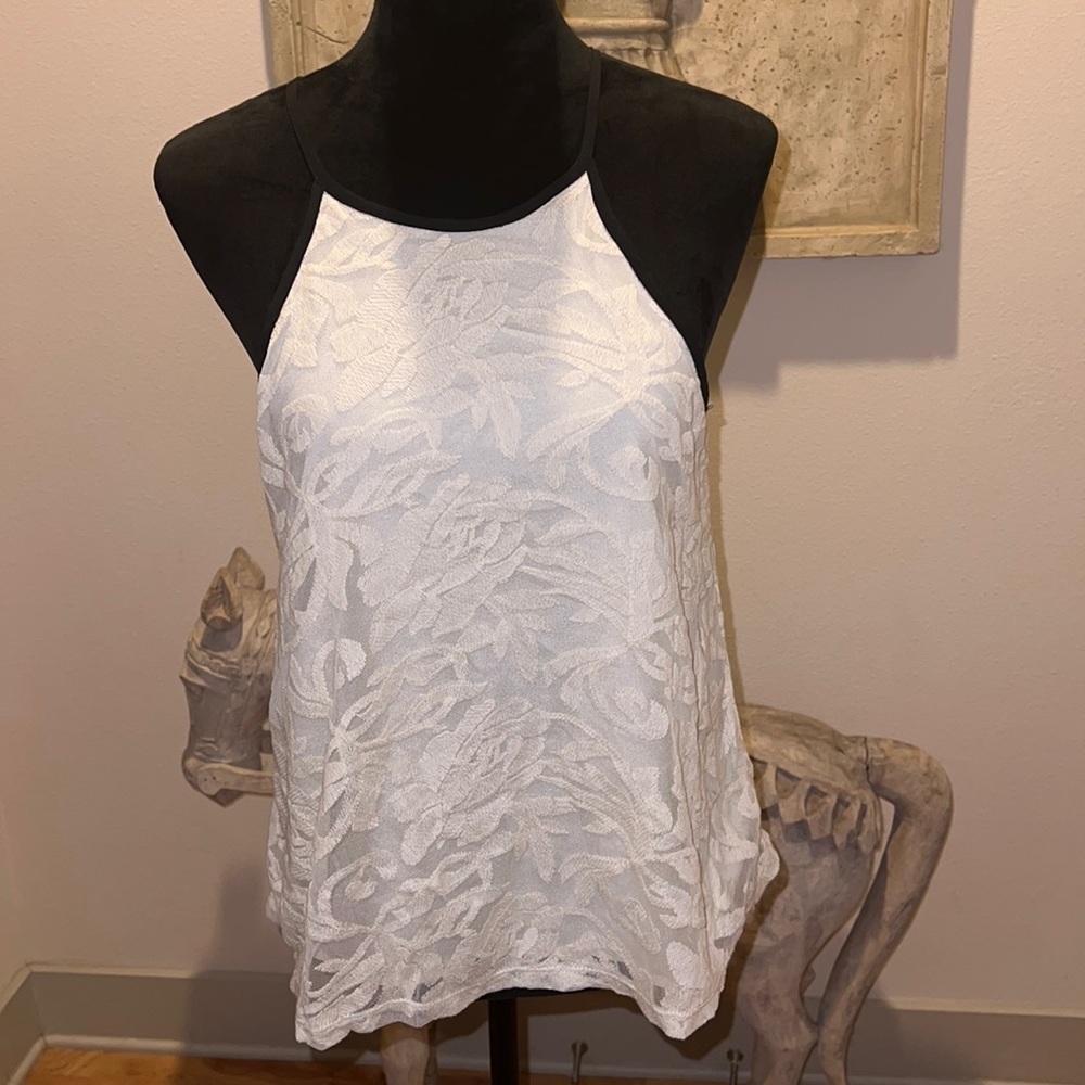 Monteau ivory lace print black detail sleeveless top blouse Sz M